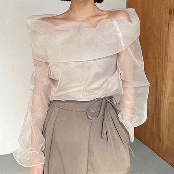 

spring women sweet blouse slash neck off shoulder flare sleeve balck white mash loose gauze shirt 8p103 210510