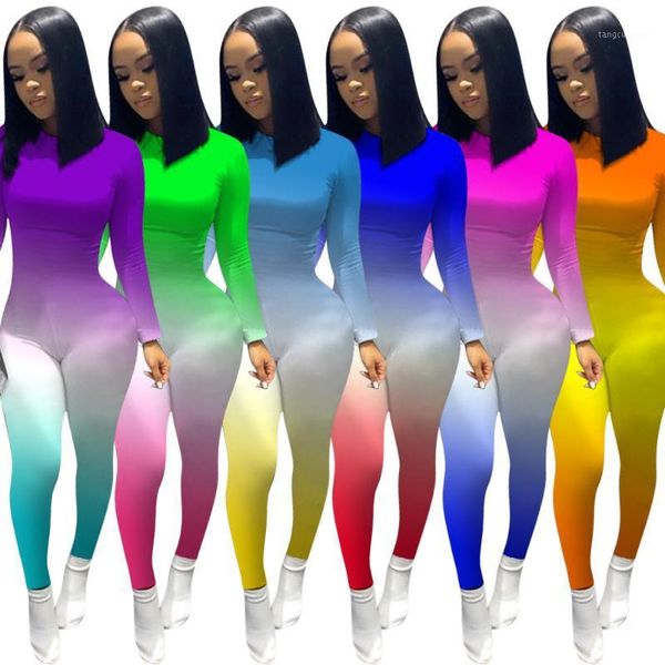 

women's jumpsuits & rompers fitness gradient bodycon womens jumpsuit sportswear long sleeve pencil pants neon women overalls, Black;white