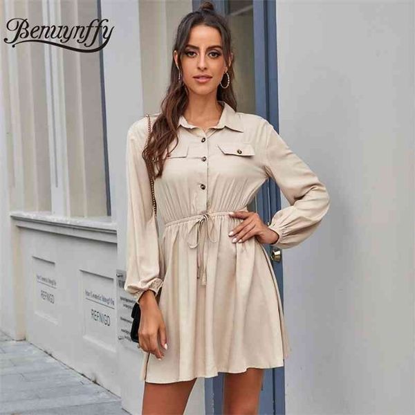 

vintage lapel button women shirt dress autumn casual office long sleeve ladies a-line drawstring waist mini dresses 210510, Black;gray