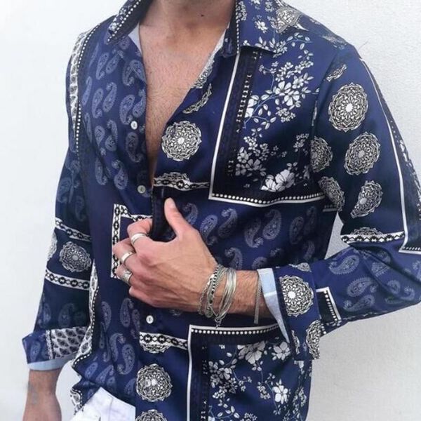 

men shirt summer fashion daily casual vintage floral print long sleeve turn-down collar buttons for outdoor activities men's shirts, White;black