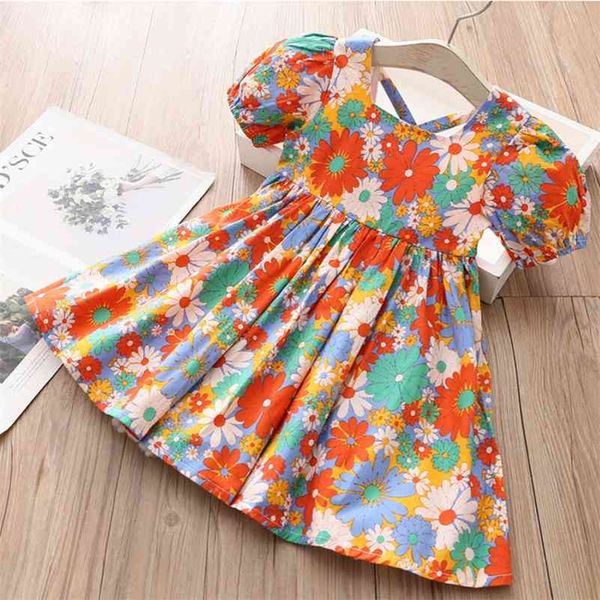 

summer 2 3 4 5 6 7 8 10 years square collar full floral print lantern sleeve backless beach dresses for kids baby girls 210701, Red;yellow