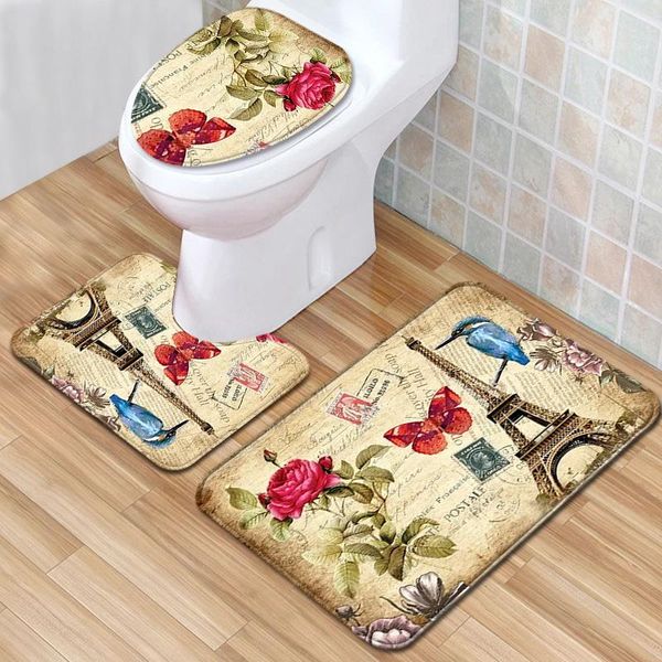 

bathroom carpet set 3pcs mat landscape floor mats toilet lid cover non-slip rug doormat carpets