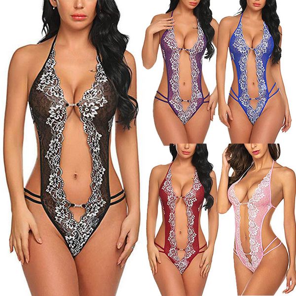 

Women Sexy Lingerie Lace Sleepwear Nightwear Ladies See Through Pajamas Three Point Type Underwear Female Backless Bodysuit 050814
