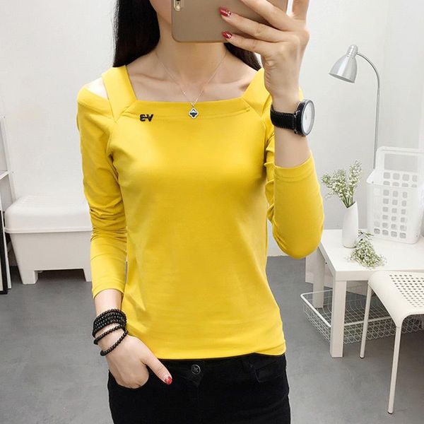 

women's t-shirt off shoulder long sleeve t shirt black kpop korean style clothes spring autumn slim femme t-shirts camisetas, White