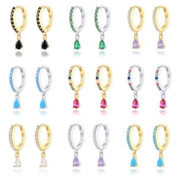 

hoop & huggie gs 925 sterling silver colorful cubic zirconia teardrop charm earrings for women cz crystal circle pendiente fine jewelry, Golden;silver