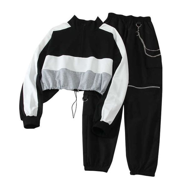 

spring women high waist cargo pants cool girls streetwear two-piece harajuku bf black 210531, White