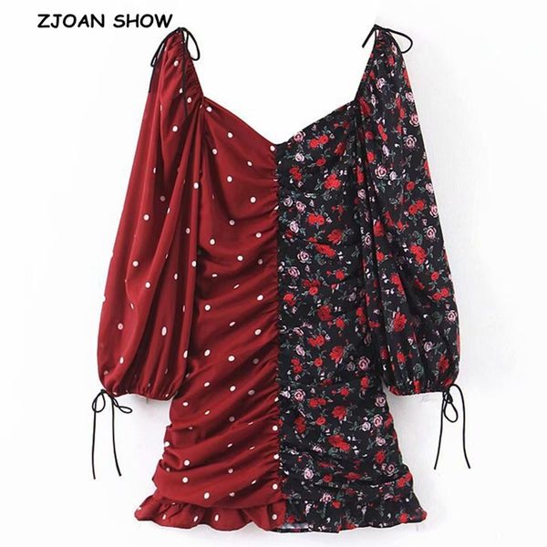 

casual dresses contrast color floral print puff long sleeve mini short women bow tie strap ruched lacing up party tuqz, Black;gray