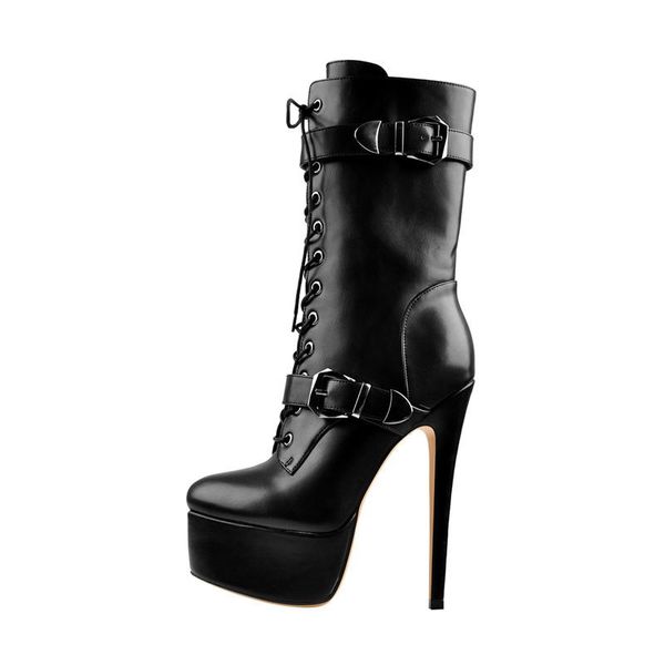 

boots richealnana women's platform side zip ankle booties 16cm high thin heel fashion heels metal plates buckle stilettos, Black