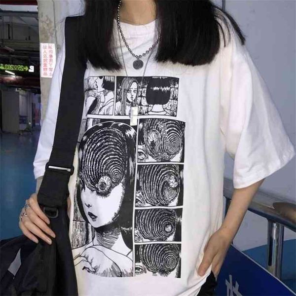 

white tees junji ito horror manga uzumaki t-shirt women fashion grunge aesthetic anime tee hipsters harajuku style t shirt 210720