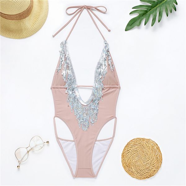 

new 2021 backless sequins women swimwear swimsuit female bather halter deep v neck bathing suit swim lady k2545