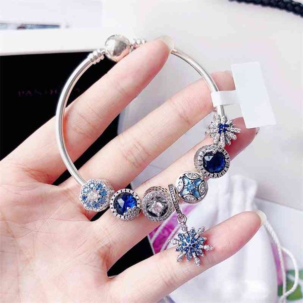 

panjia 2021 new summer pure silver diy snowflake bracelet female s925 blue ice crystal bracelet personality jewelry, Black