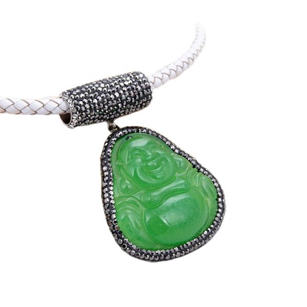 

guaiguai jewelry natural green jades buddha pendant cz paved white leather necklace handmade for women real gems stone lady fashion jeweller, Silver