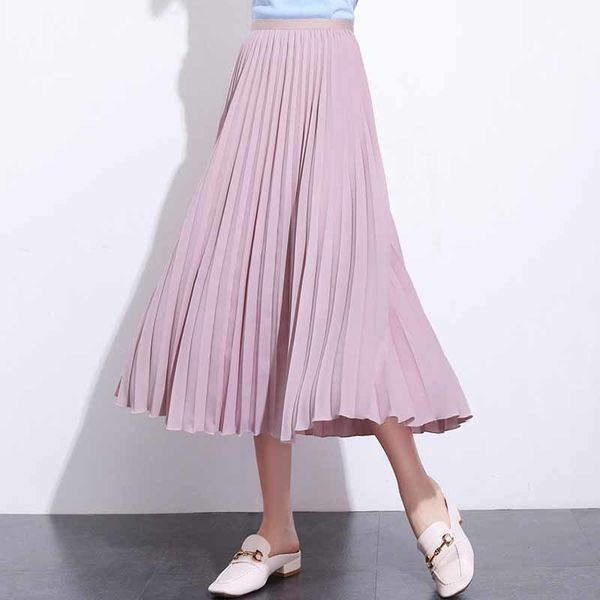 

skirts solid pink chiffon pleated elegant ladies fashion women high waist party long skirt, Black