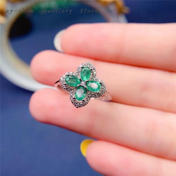 

cluster rings 925 silver inlaid natural emerald ring, women's compact and simple design, a gift for girls, Golden;silver
