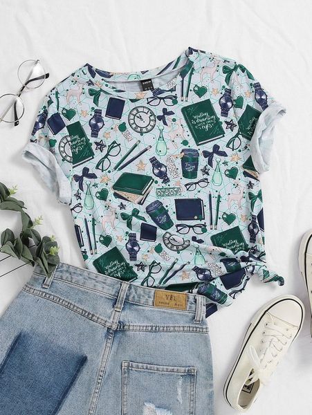 

plus book & watch print tee b24f#, Black