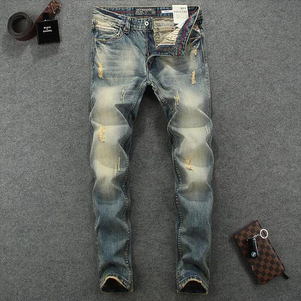 

men's jeans brand style 2021 men retro wash vintage classical homme simple denim pants streetwear hip hop ripped, Blue