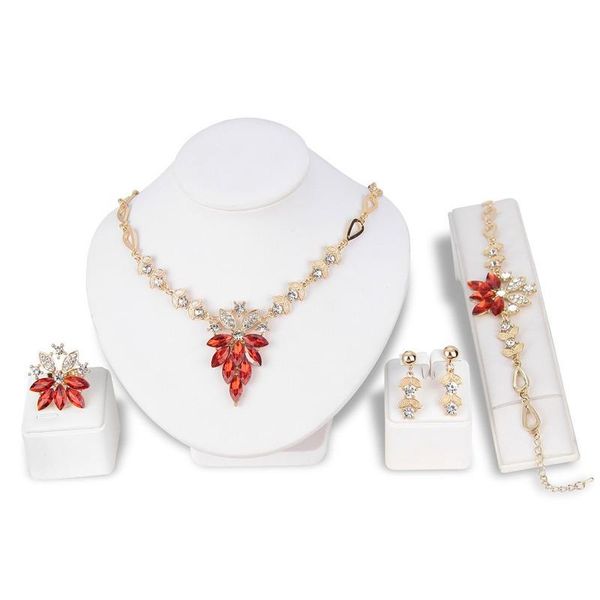 

earrings & necklace liffly bridal jewelry sets leaf shape red crystal bracelet stud ring for womens fashion, Silver