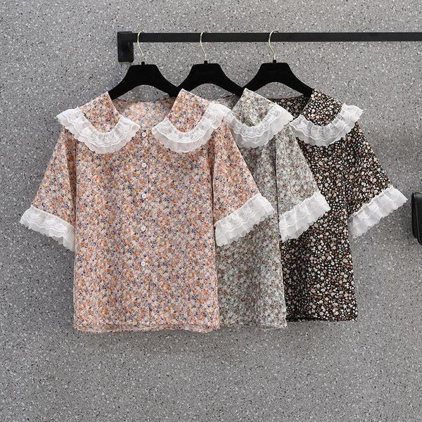 

women's blouses & shirts oversized women blouse 2021 summer korean chic cute ladies loose lace patchwork blause print flowers ke1115, White
