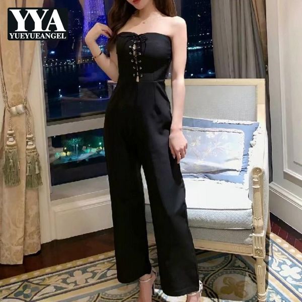 

women's jumpsuits & rompers designer sleeveless off shoulder lace up women fashion high waist spring summer slim ladies wide leg jumpsu, Black;white