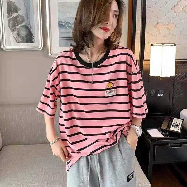 

women's t-shirt summer korean style women loose casual o-neck striped print t shirt all-matched short sleeve cotton t-shirt w266 vpk1, White