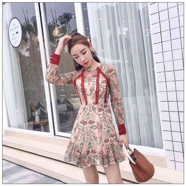 

women floral embroidery dress o-neck high waist casual elegant party es full sleeve lace mesh bodycon vestidos 210514, Black;gray