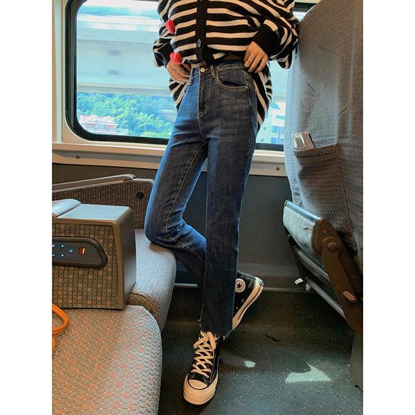 

women's jeans denim pants straight spring and autumn high waist thin nine point pencil, Blue