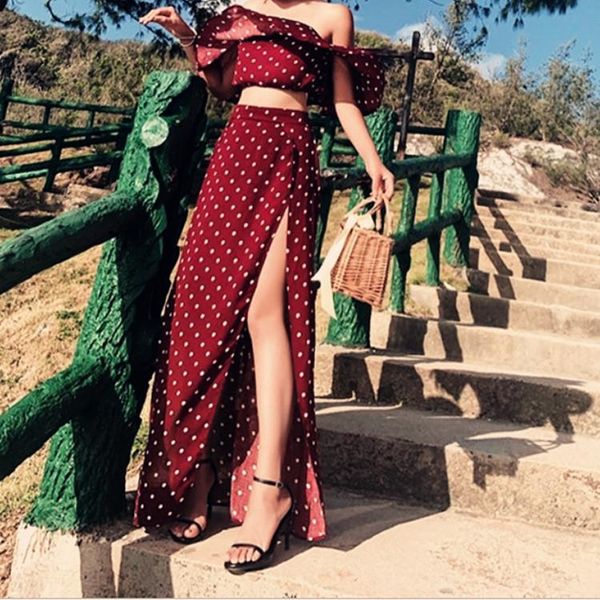 

women dresses off shoulder red vintage dot dress summer long maxi chiffon ruffle high waist beach two piece, White