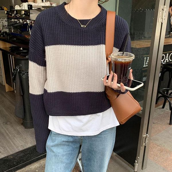 

women's sweaters korean chic hit color patchwork sweater women autumn winter long sleeve knitting jumper casual loose woman, White;black