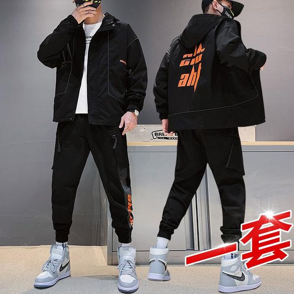 

men's tracksuits hip-hop suit male set track suits spring autumn 2pcs hooded jacket+pants tracksuit streetwear jogging clothing, Gray