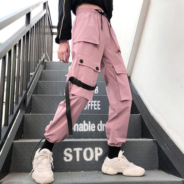 

women's pants & capris autumn streetwear embroidery casual cargo women joggers solid big pocket high waist loose female, Black;white