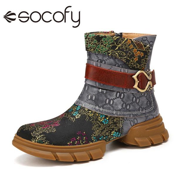 

boots socofy ladies shoe retro genuine leather embroidery splicing comfy round toe casual short flats boot comfort daily fashion women, Black