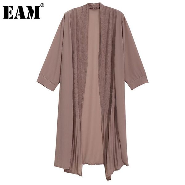 

women's trench coats [eam] women apricot pleated big size v-collar three-quarter sleeve loose fit windbreaker fashion spring summer 202, Tan;black