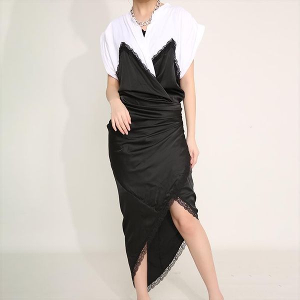 

[eam] blue irregular split joint womens tank temparment dress v neck short sleeve loose fit fashion tide spring summer 1u315, White