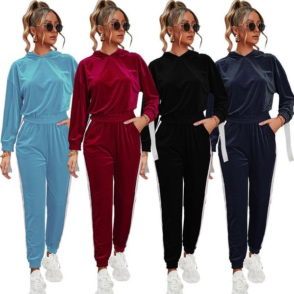 

women's two piece pants solid velvet tracksuit women set spring autumn clothes full sleeve hooded pullover + suit casual velour sets, White
