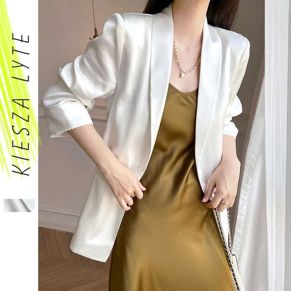 Mulheres Terno Jaqueta Sexy Escritório Senhora Nice Quarto Branco Blazer Verão Fino Satin Outwear 210608