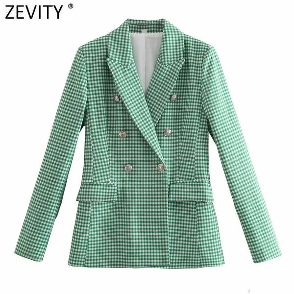 

women's suits & blazers zevity women vintage green pink houndstooth plaid print blazer coat office ladies double breasted outerwear chi, White;black