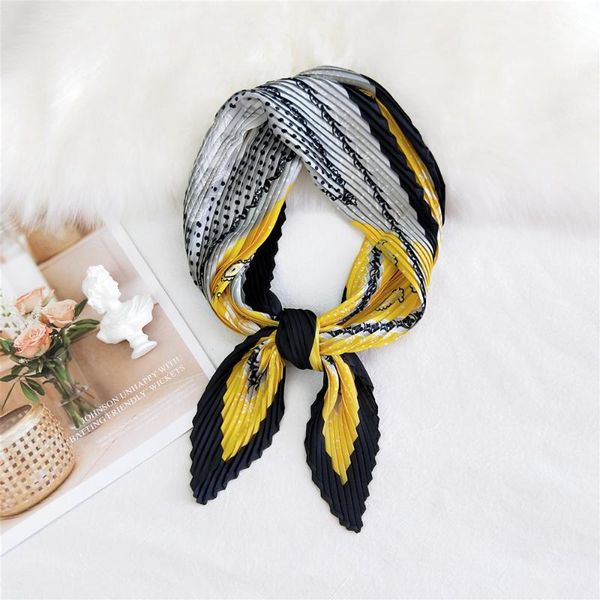 

scarves 2021 fashion bright plaid silk crinkle scarf women pleated neck bandana square headwear crumple kercheif designer, Blue;gray