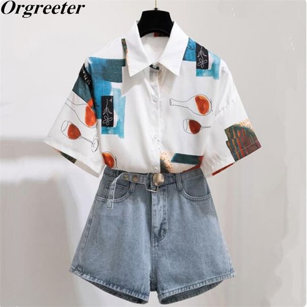 

summer casual graffiti printing lapel short sleeve shirt + high waist jeans shorts two piece set women outfits female 210602, White