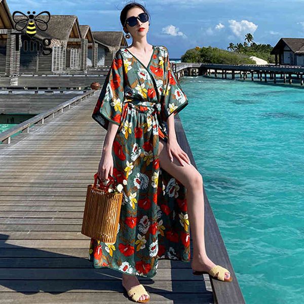 

bohemian fashion tropical flower print loose casual dress women vintage street chic long vestidos robes 210513, Black;gray