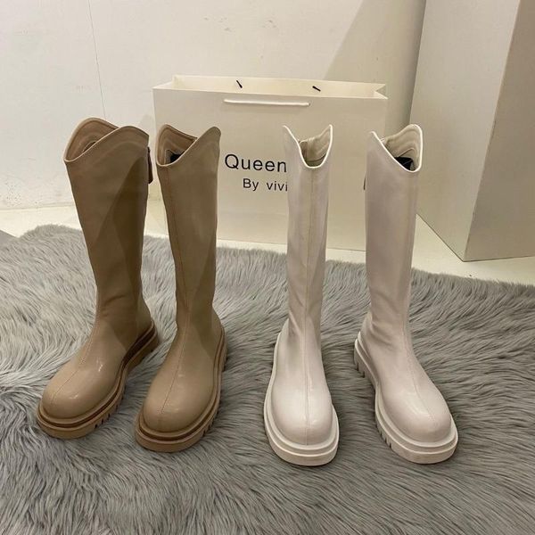 

boots long women est 2022 back zipper knee high booties female fashion square heel platform round toe shoes black beige