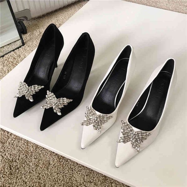 

dress shoes autumn women pumps pointed toe elegant fashion slip on crystal rhinestone butterfly design thin high heels pump o82j, Black