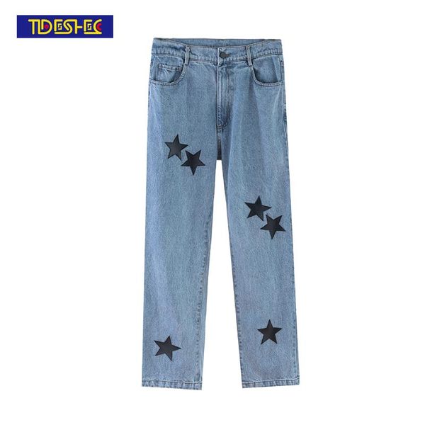 

tideshec loose male trousers embroidered pentagram patch jeans casual 2021 men cozy straight denim pants men's, Blue