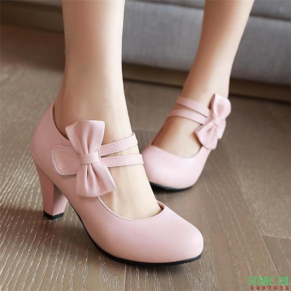 

dress shoes pink lolita white mary jane high heels for women pumps block sweet bow ladies big size 44 45 46 47, Black