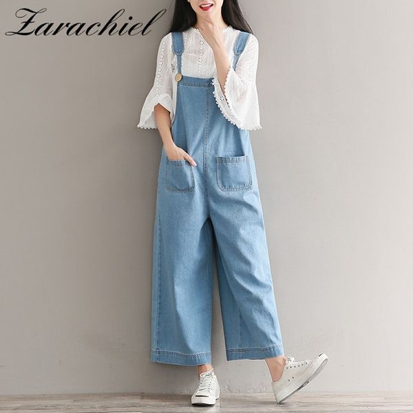 Outono Denim Solta Vintage Suspender Jeans Ankle-Comprimento Largo Perna Pant Mulheres Jumpsuit Macacão Grande Tamanho Grande 210416