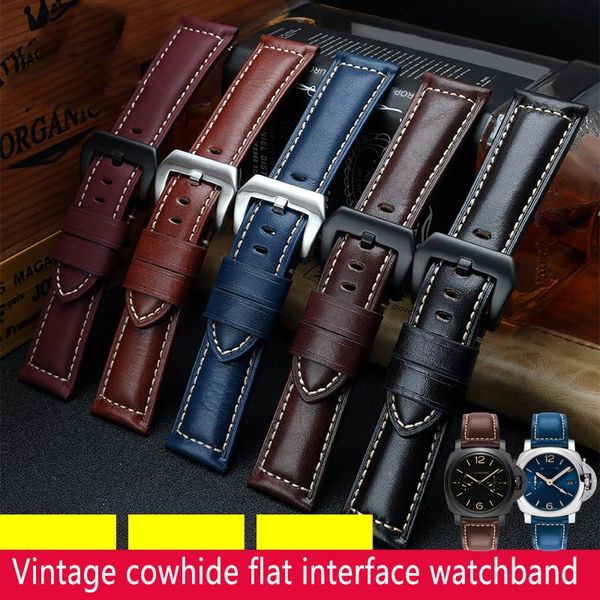 

watch bands 22mm 24mm 26mm retro hand made calfskin wristband for peinahai pam111441 genuine leather men's, Black;brown