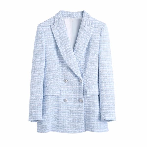 

fashion women double breasted blue plaid casual suit coat female long sleeve outerwear office lady loose c1109 210430, White;black