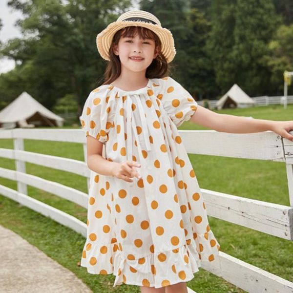 

cultiseed big girls summer cute sweet polka dot print puff sleeve birthday party princess dress with bow children kid loose gown girl's, Red;yellow