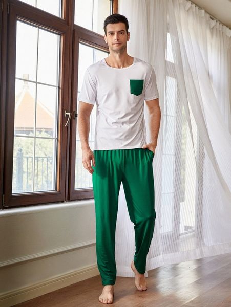 

men contrast pocket patched pj set o6pl#, Black;brown