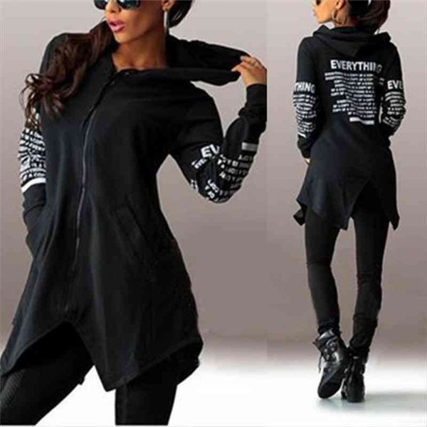 

autumn women long letters printed hoodies fashion long sleeve hooded coats casual oversize loose pocket hooded pullovers, Black