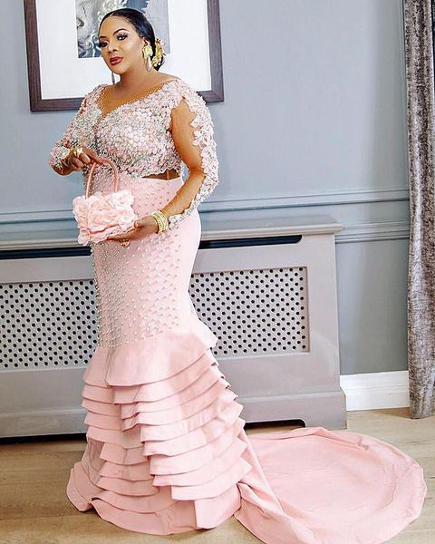 

2021 plus size arabic aso ebi luxurious mermaid lace prom dresses beaded crystals sheer neck evening formal party second reception gowns dre, Black